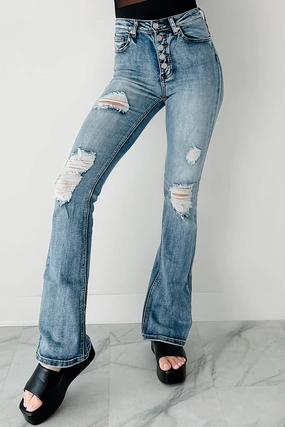 Aysha High Rise Distressed Indigo Reign Flare Jeans (Medium) Curved Waistline