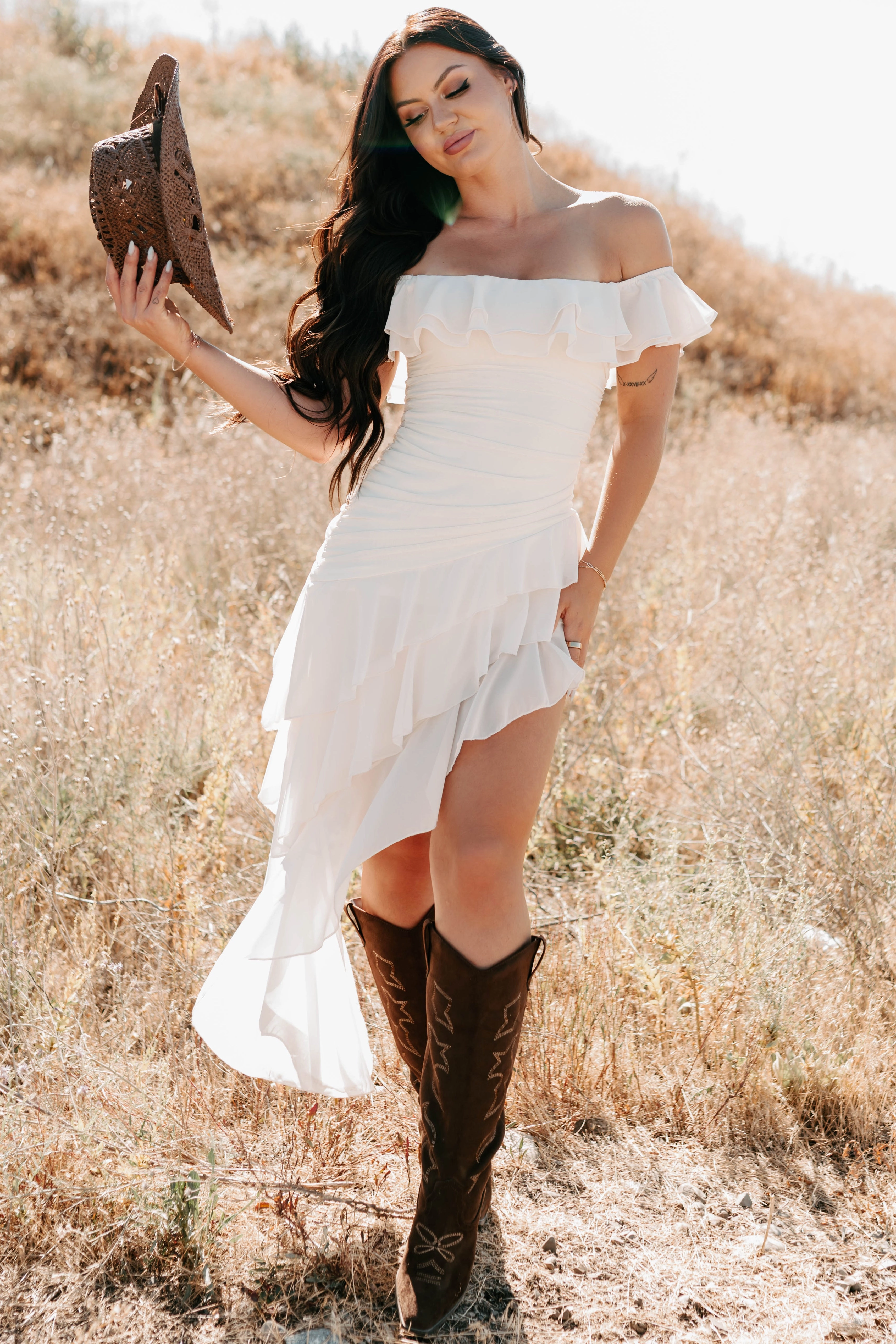 Perfectly Peachy Off The Shoulder Mini Dress (Ivory) Elegant Finish Chic Comfort