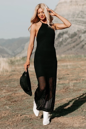 Chill Design Seeking Peace Halter Crochet Midi Dress (Black)