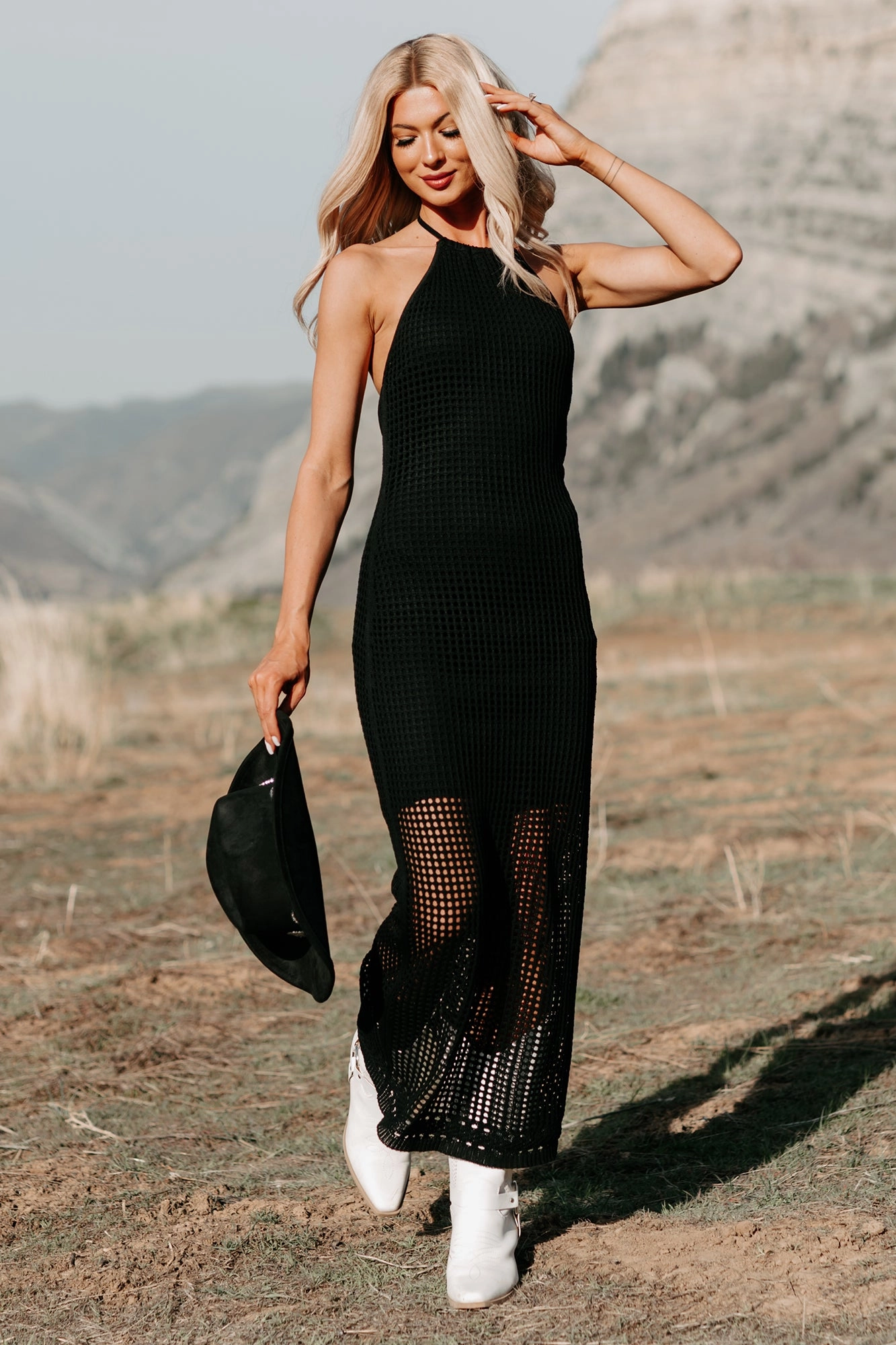 Seeking Peace Halter Crochet Midi Dress (Black) Lace Fine Gloss Finish