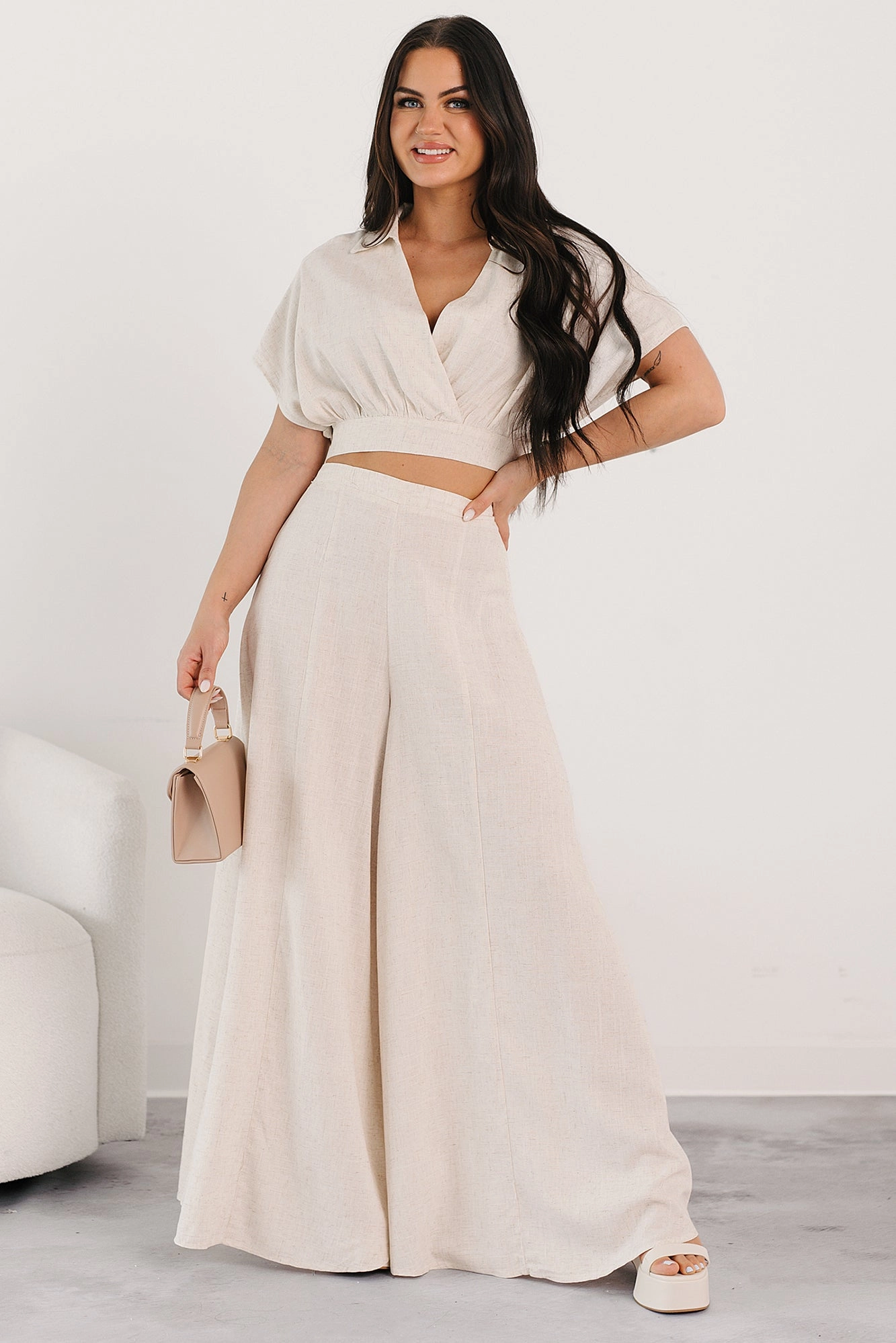 Chic and Simple Crop Top & Palazzo Pants Set (Oatmeal) QuickDry Heat Regulating Fabric
