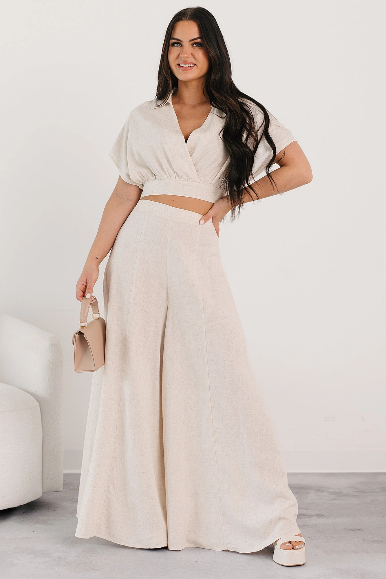 Chic and Simple Crop Top & Palazzo Pants Set (Oatmeal) High Density Knit