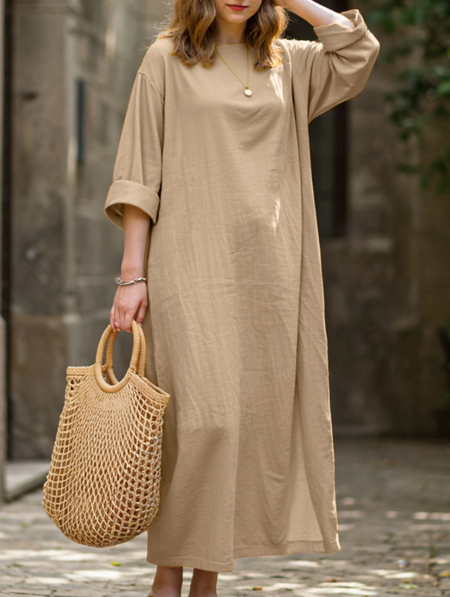 Comfortable Look Retro long-sleeved round neck loose dress