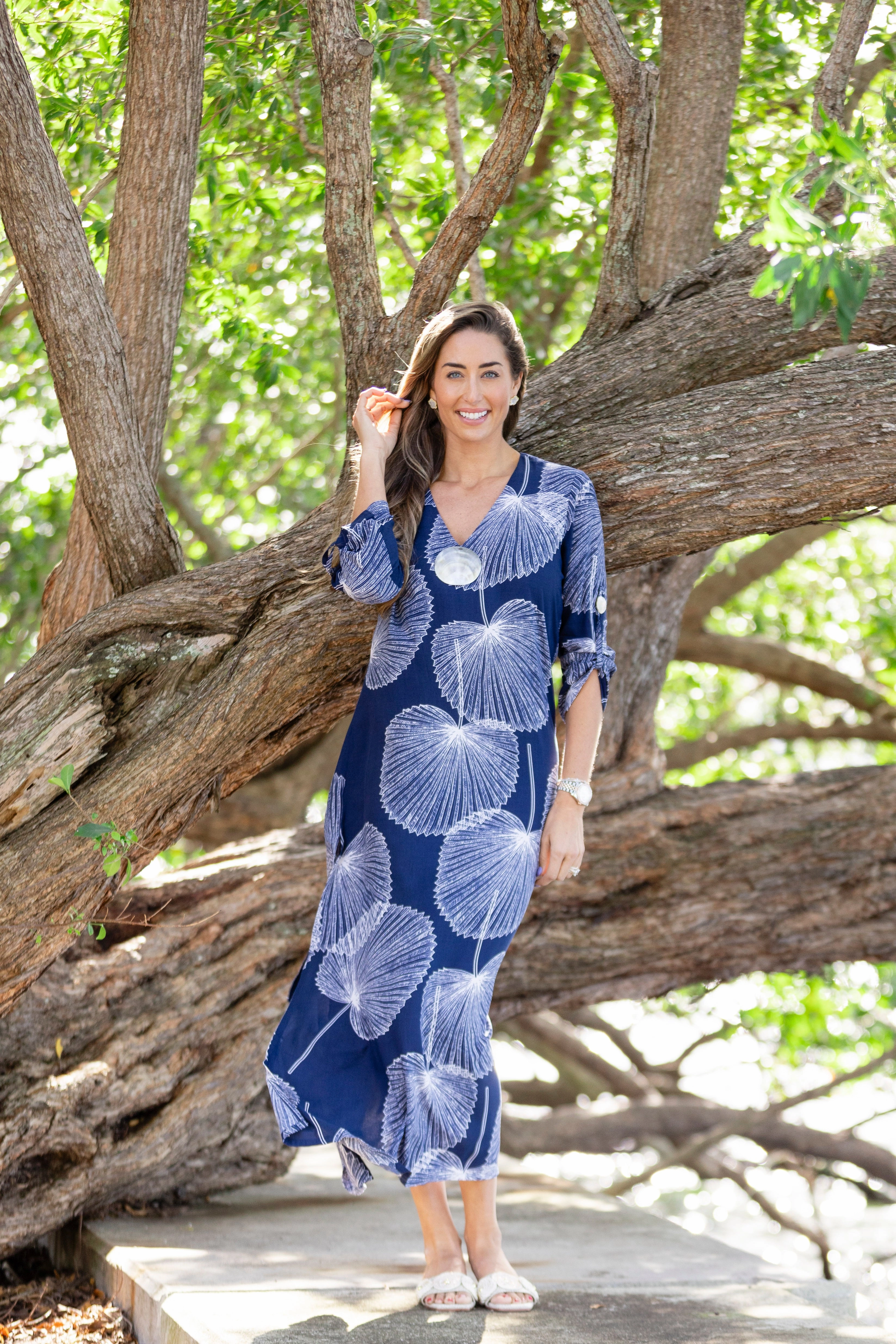 Seychelles Kaftan / Navy Palm Soft fabric piece