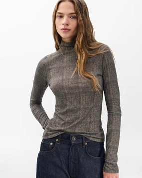 NonChafeCollarTech Shawl Plaid Turtleneck Tee Brown Multi