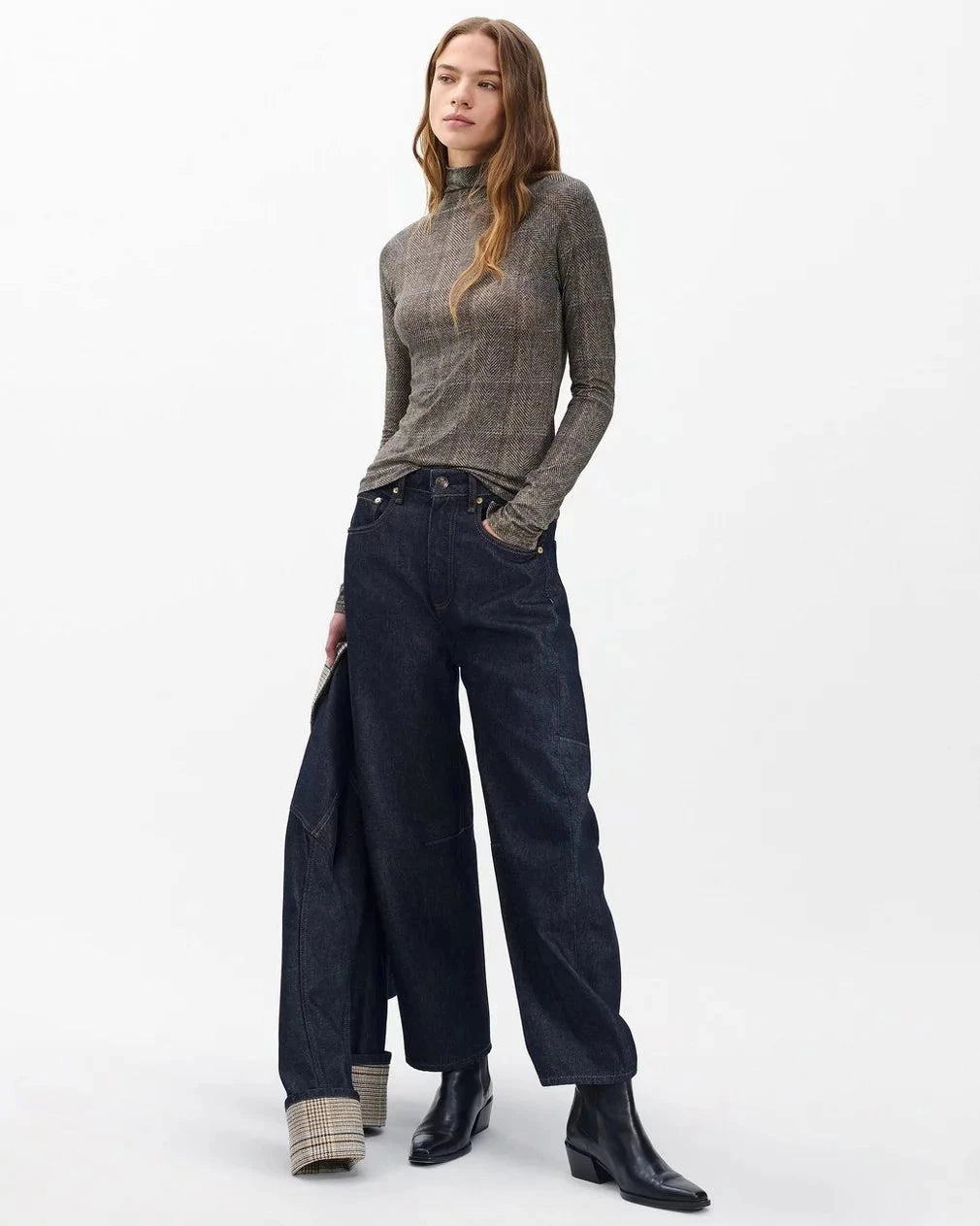 Shawl Plaid Turtleneck Tee Brown Multi Sporty Top Water Repellent Coating