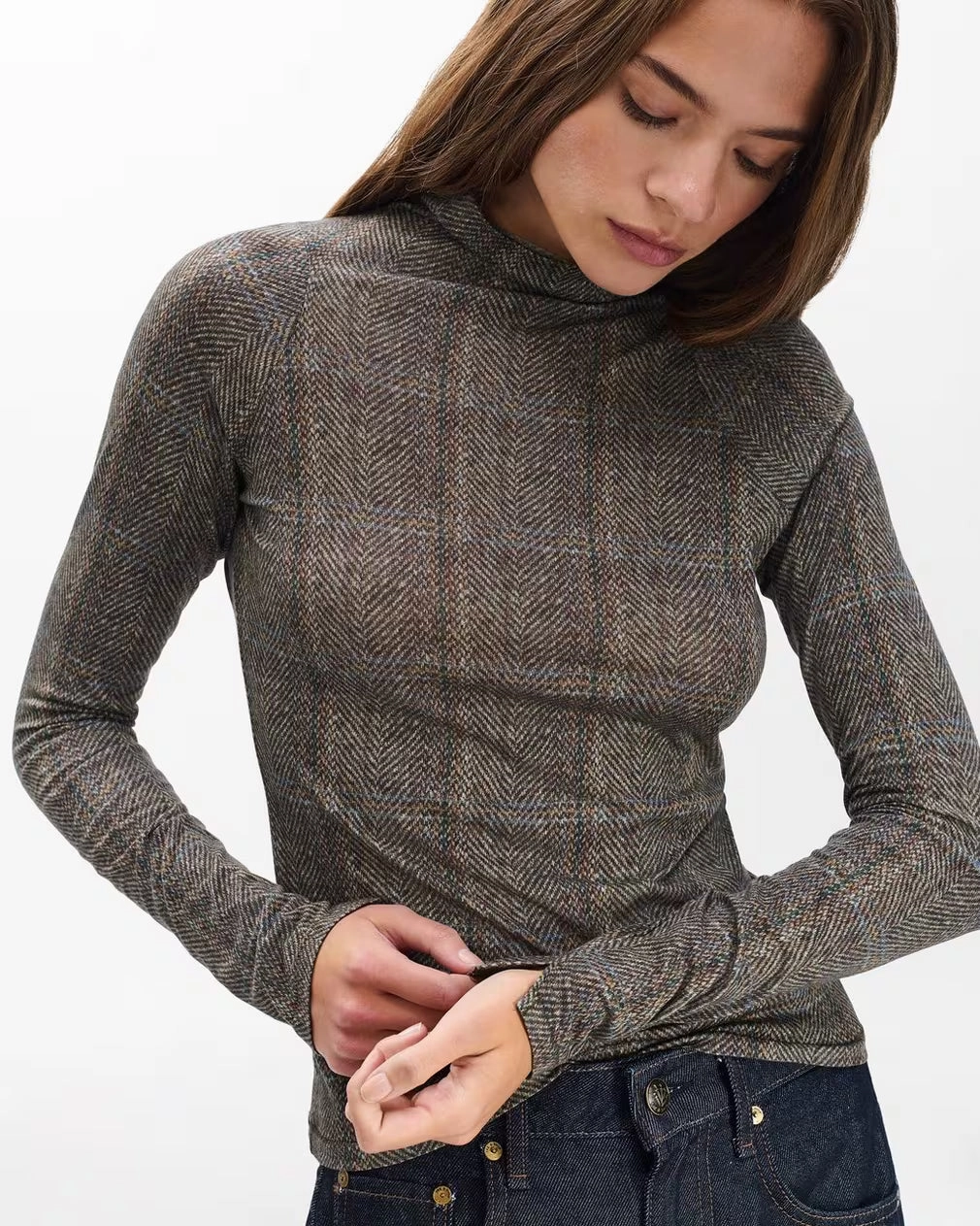 Shawl Plaid Turtleneck Tee Brown Multi Simple Style