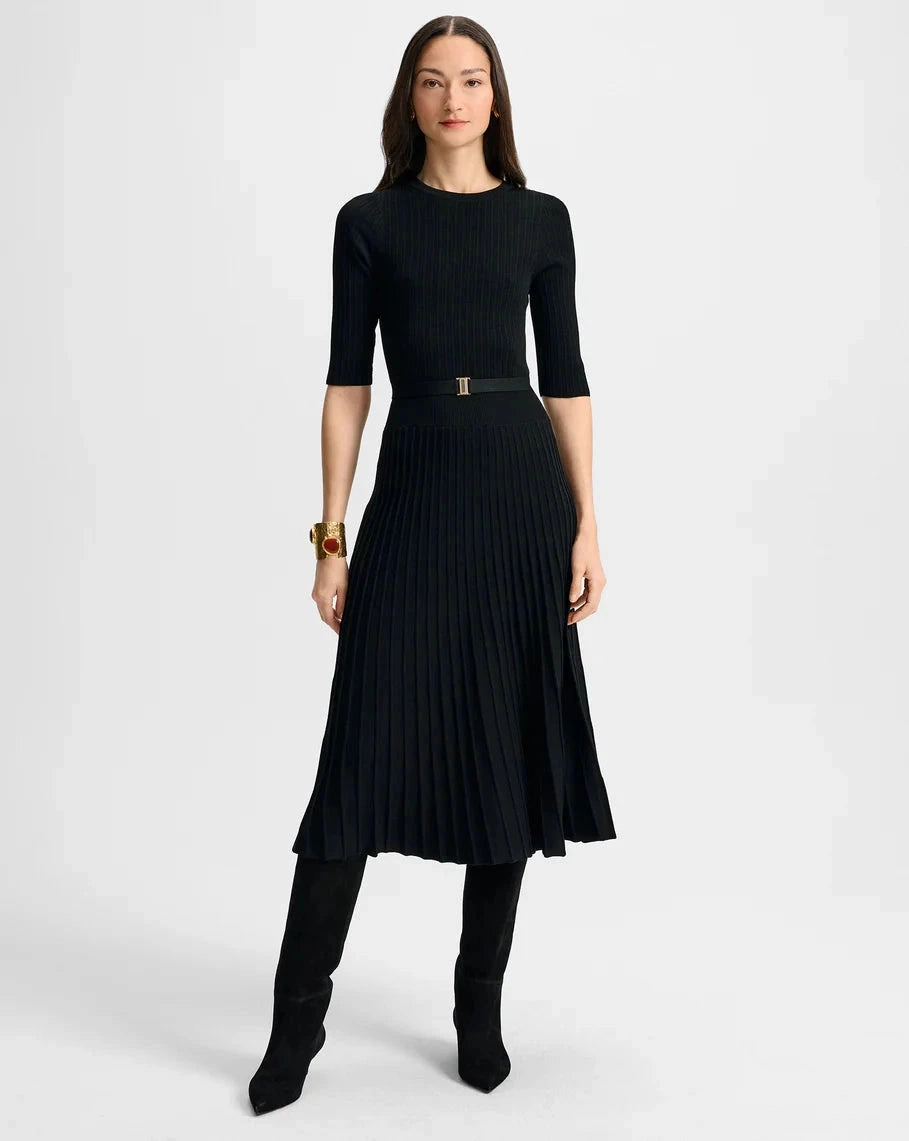 Elthea Belted Midi Dress Black Statement-Print Smile Glow
