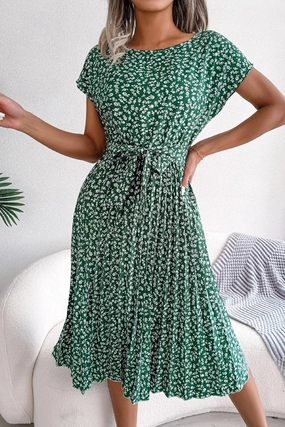 Skin Glow CASUAL SHORT SLEEVE FLORAL LARGE PLEATED DRESS_CWDSD2554