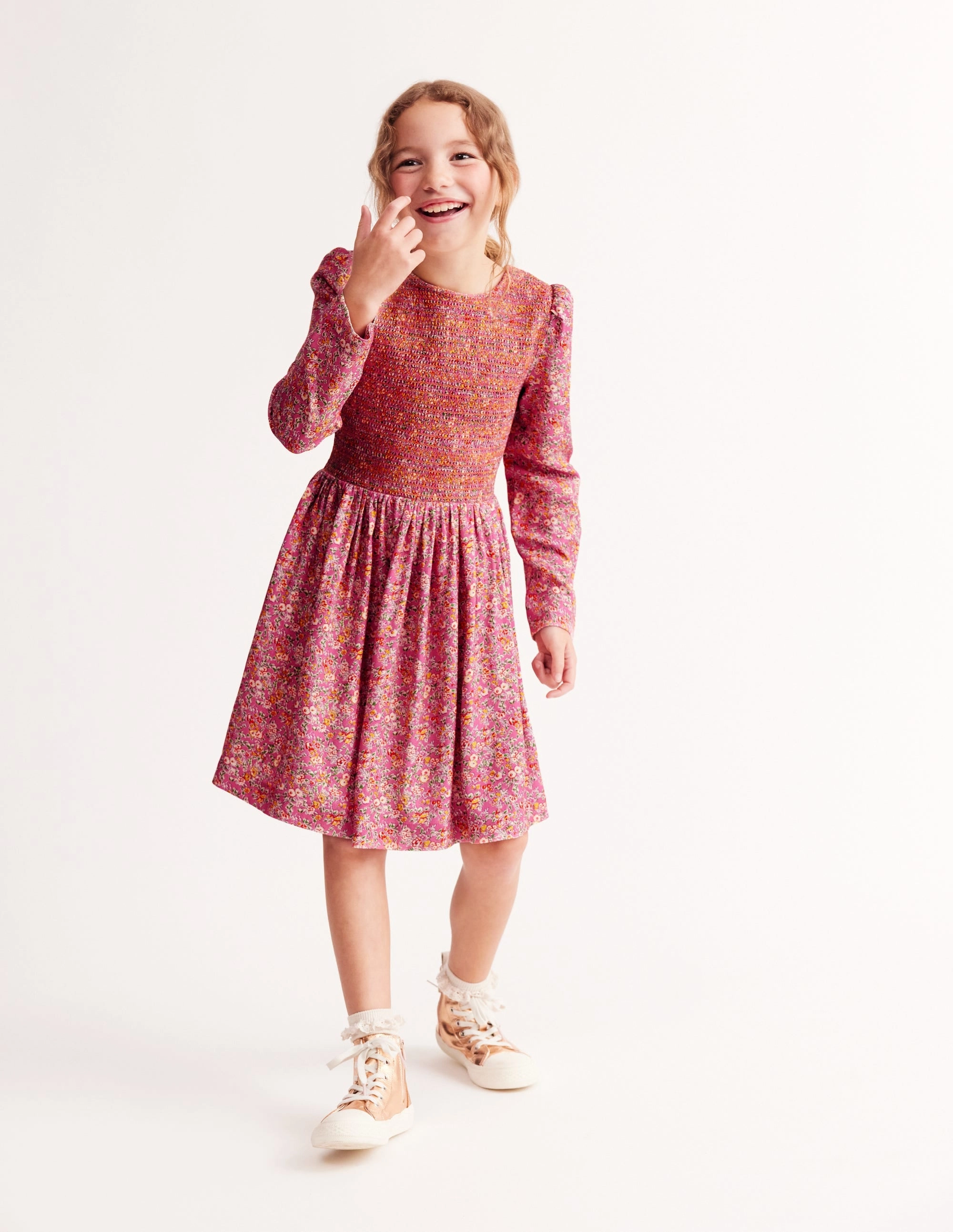 Light Elegance Shirred Bodice Woven Dress-Rose Petal Pink Vintage Floral