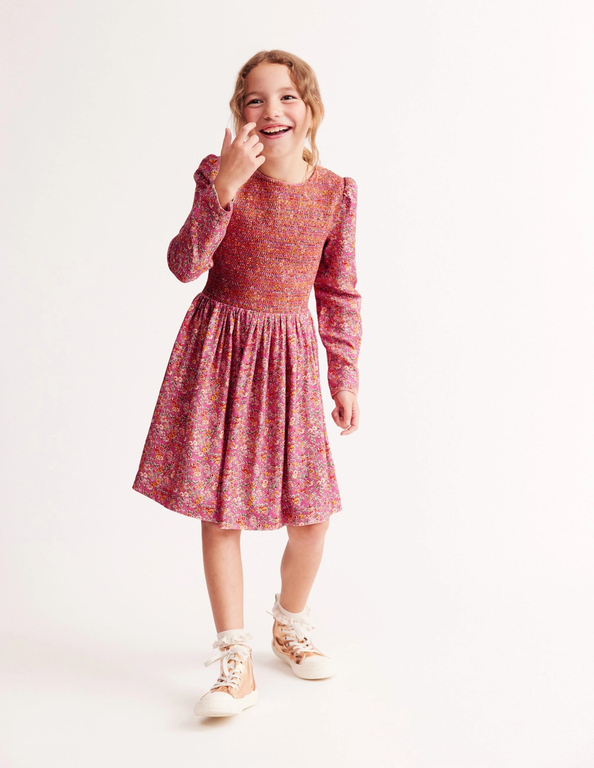 Boho Tone Shirred Bodice Woven Dress-Rose Petal Pink Vintage Floral