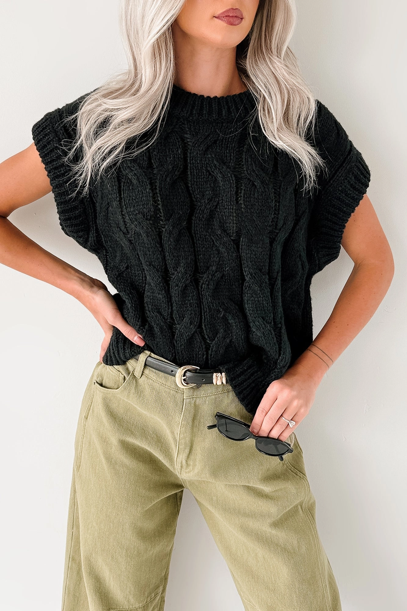 Soft Material Cozy Knit Don't Envy Me Cable Knit Sweater Vest (Black)
