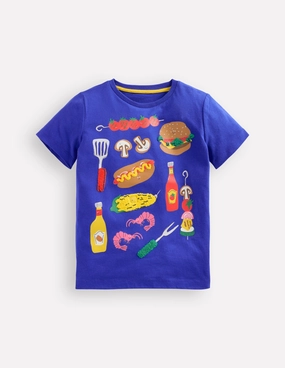 Short Sleeve Appliqu T-shirt-Bright Blue BBQ Low Profile Collar Snag Resistant Surface
