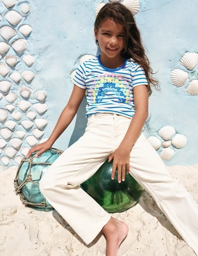 Casual Style Long Sleeve Polo Short Sleeve Appliqu T-shirt-Peacock Plume Blue/Soft Ivory