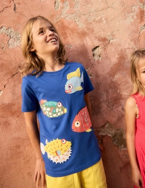 High Stretch Fabric Hidden Button Placket Short Sleeve Appliqu T-shirt-Sapphire Blue Fish