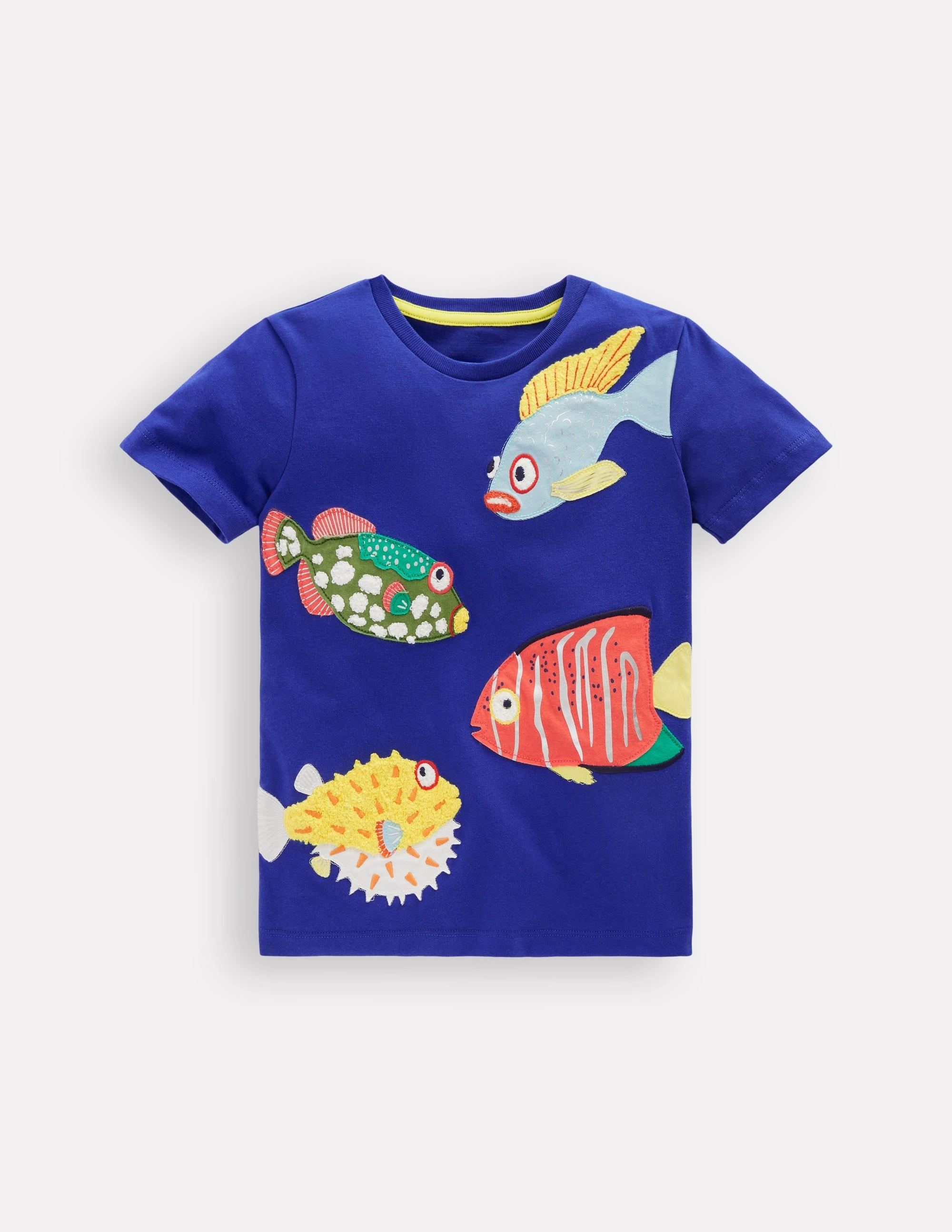 Short Sleeve Appliqu T-shirt-Sapphire Blue Fish PreShrunkFabric
