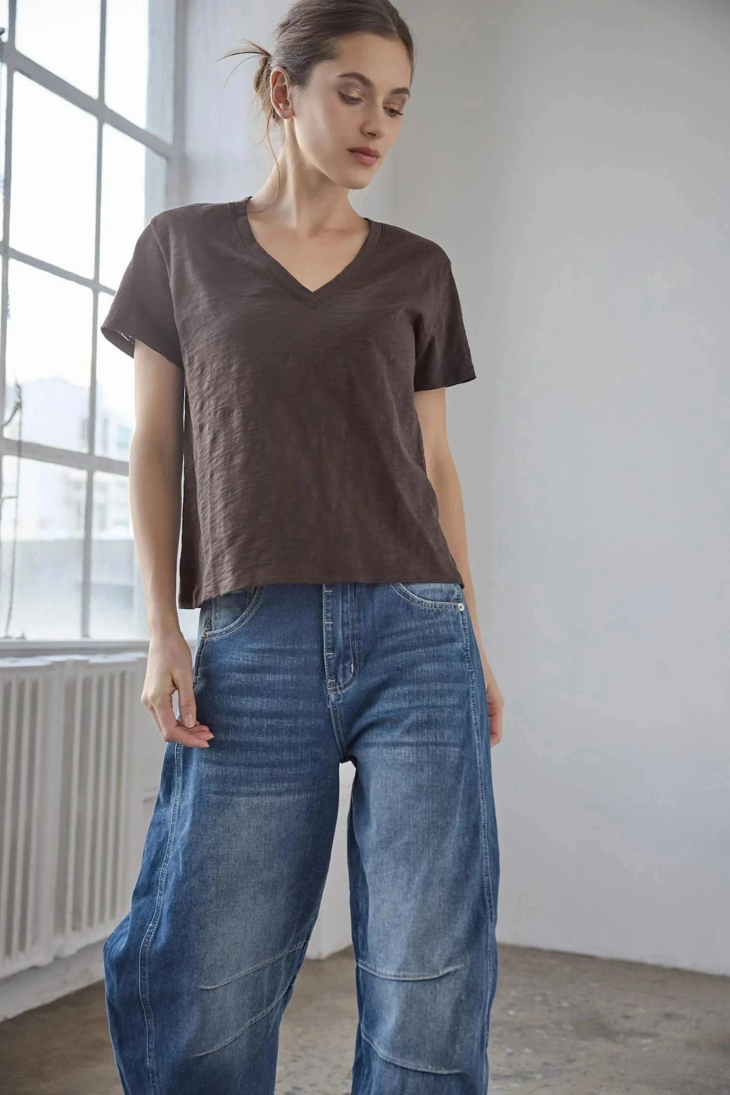 Short Sleeve Back Seam V-Neck Espresso Soft Touch Blend