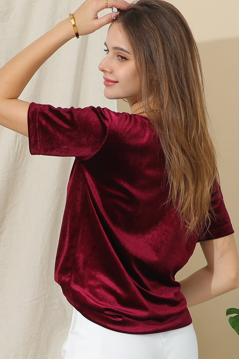 SHORT SLEEVE ROUND NECK VELVET CASUAL TUNIC TOP Layered Shoulder EcoCertified Textile