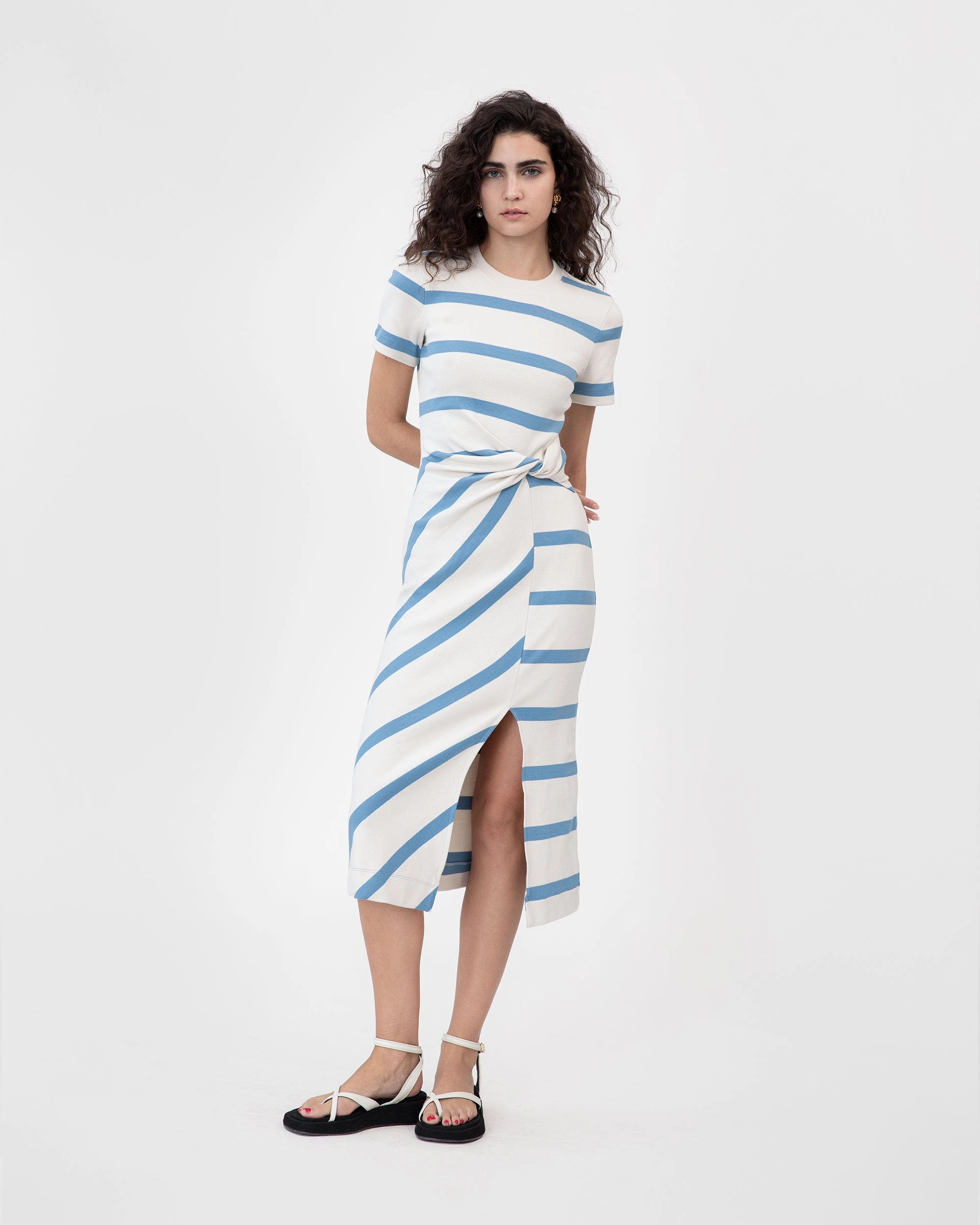 Polite Tone Polished Details Short Sleeve Striped Cody Dress