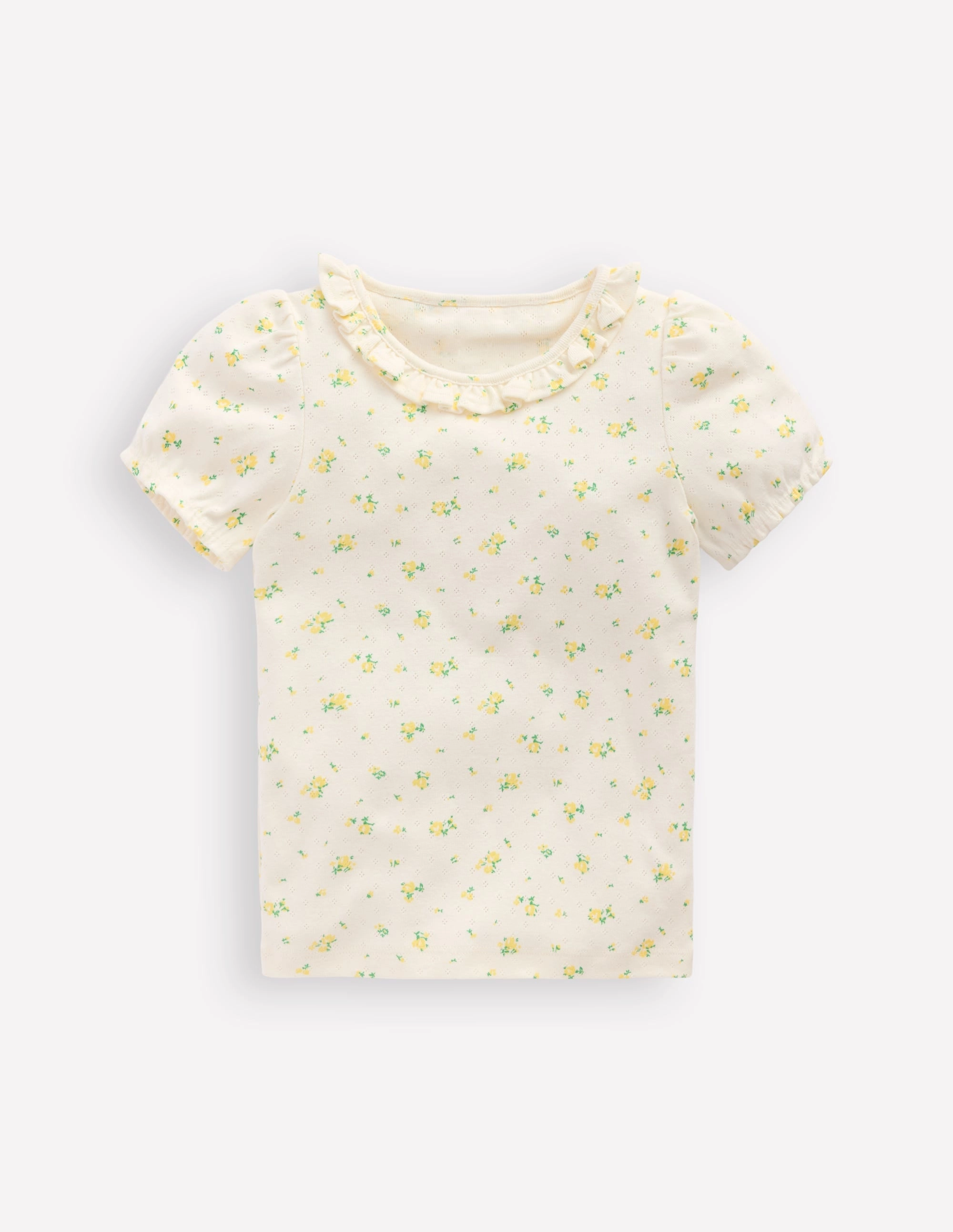 Short-sleeved Ruffle Pointelle-Rosebud Floral Professional Cut Sport Top