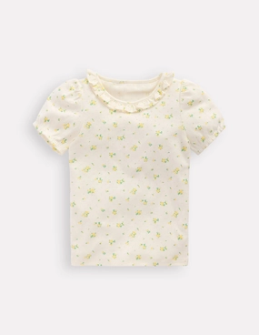 Short-sleeved Ruffle Pointelle-Rosebud Floral Professional Cut Sport Top