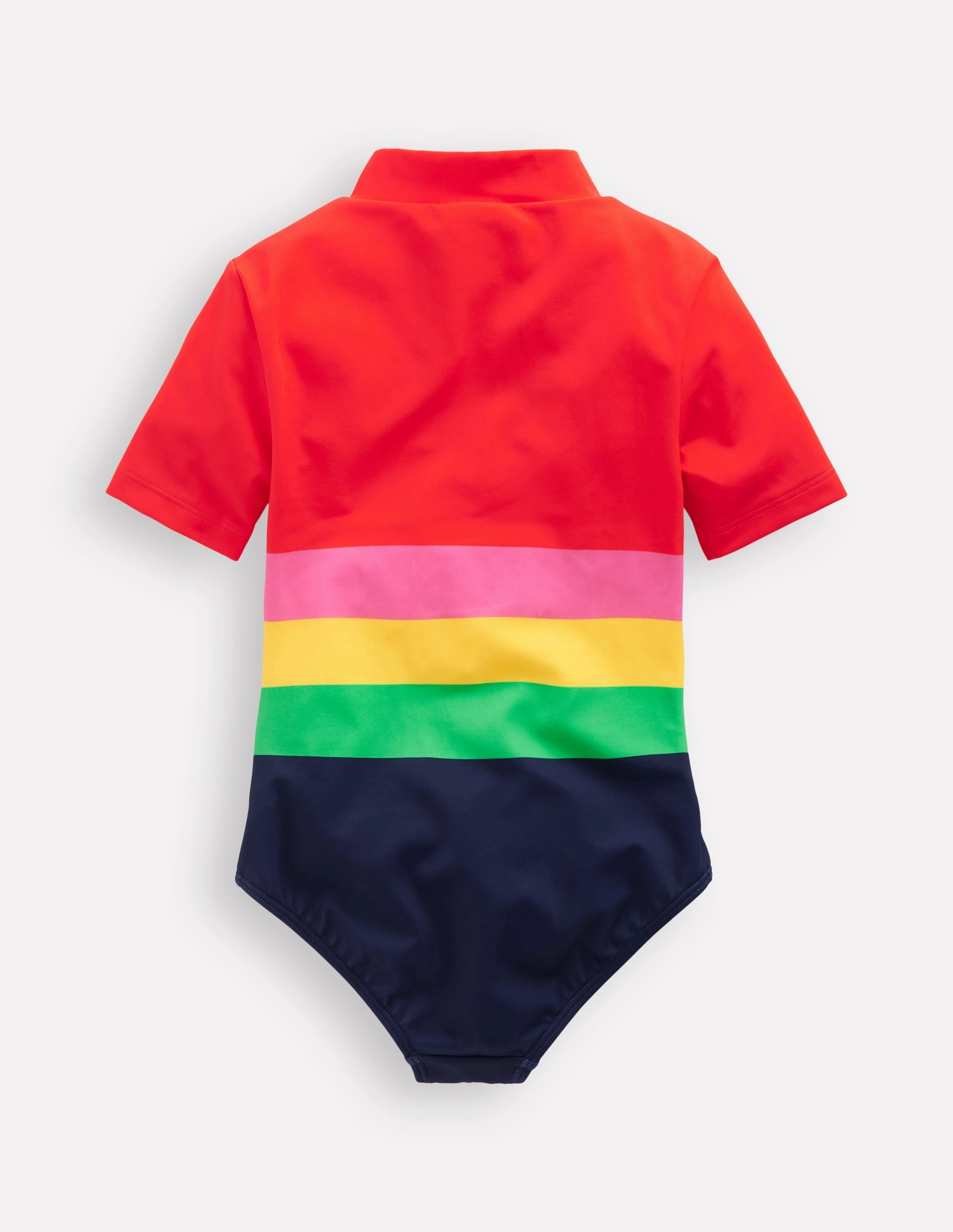 Practical Design Zipper-Front Short-sleeved Swimsuit-Red Multi Stripe