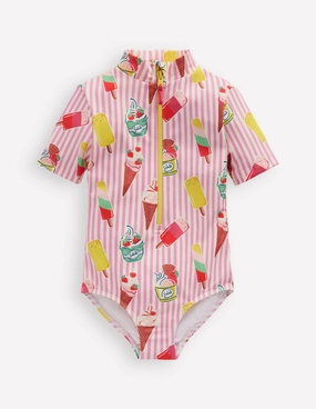 Short-sleeved Swimsuit-Vintage Pink Ice Cream Stripe Anti Slip Grips