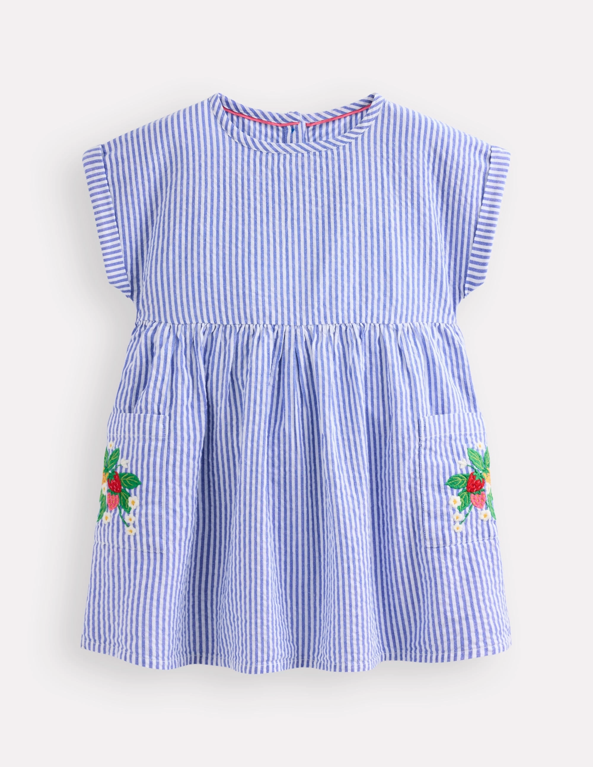 Flatlock Seams Short-sleeved woven tunic-Ticking Blue Embroidery