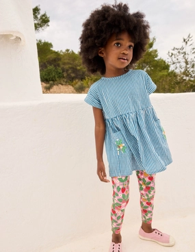 Short-sleeved woven tunic-Ticking Blue Embroidery EthicallySourced