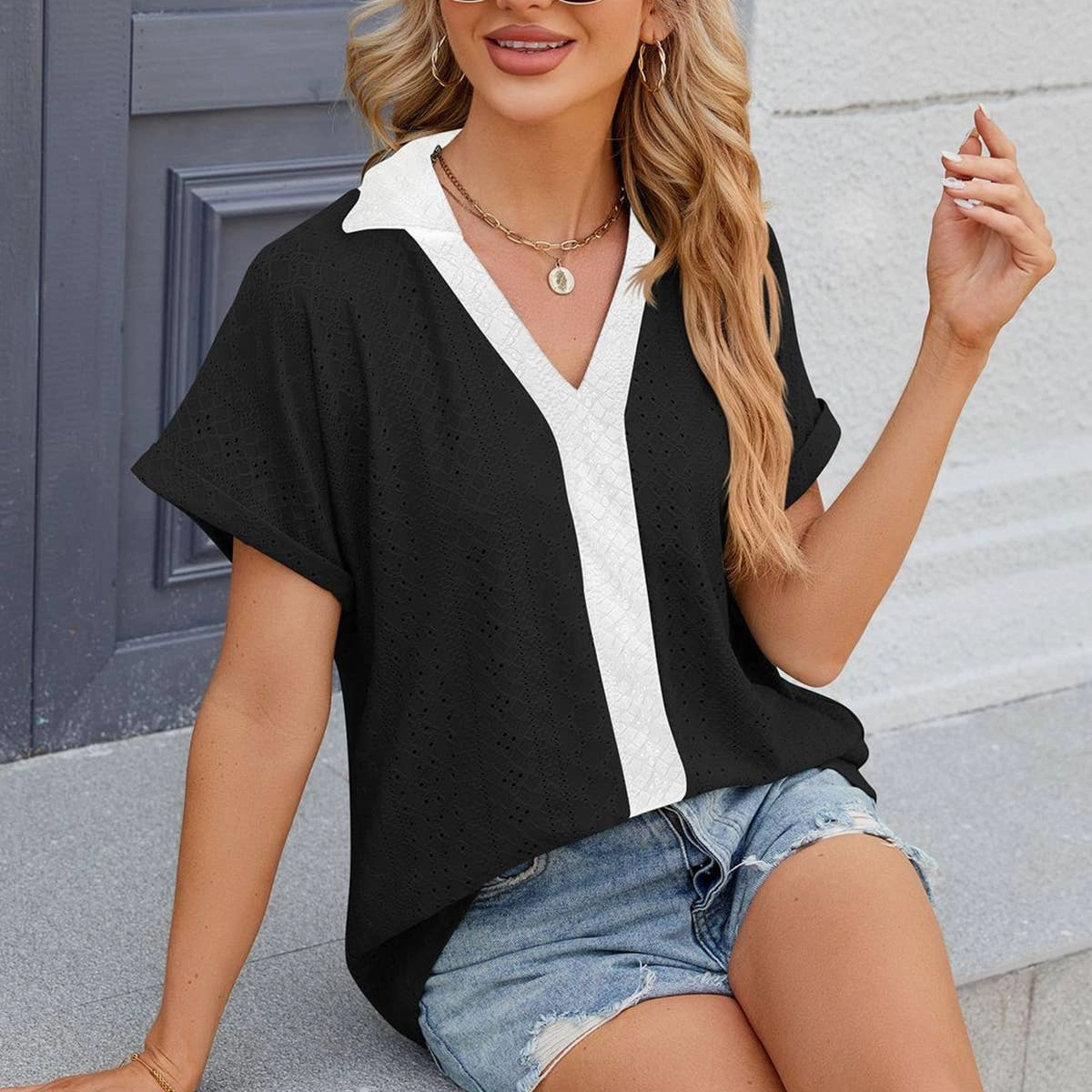COLLARED SHORT SLEEVE CASUAL T-SHIRT BLOUSE_CWTBLS0515 Mesh Panel Details