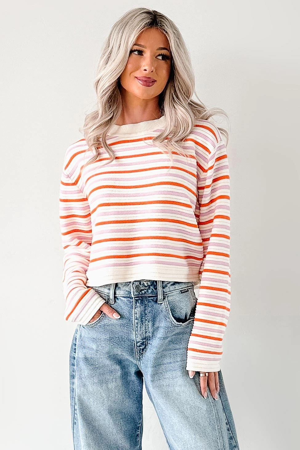 Sunset Feelings Stripe Knit Sweater (Cream/Pink/Orange) VentedBack