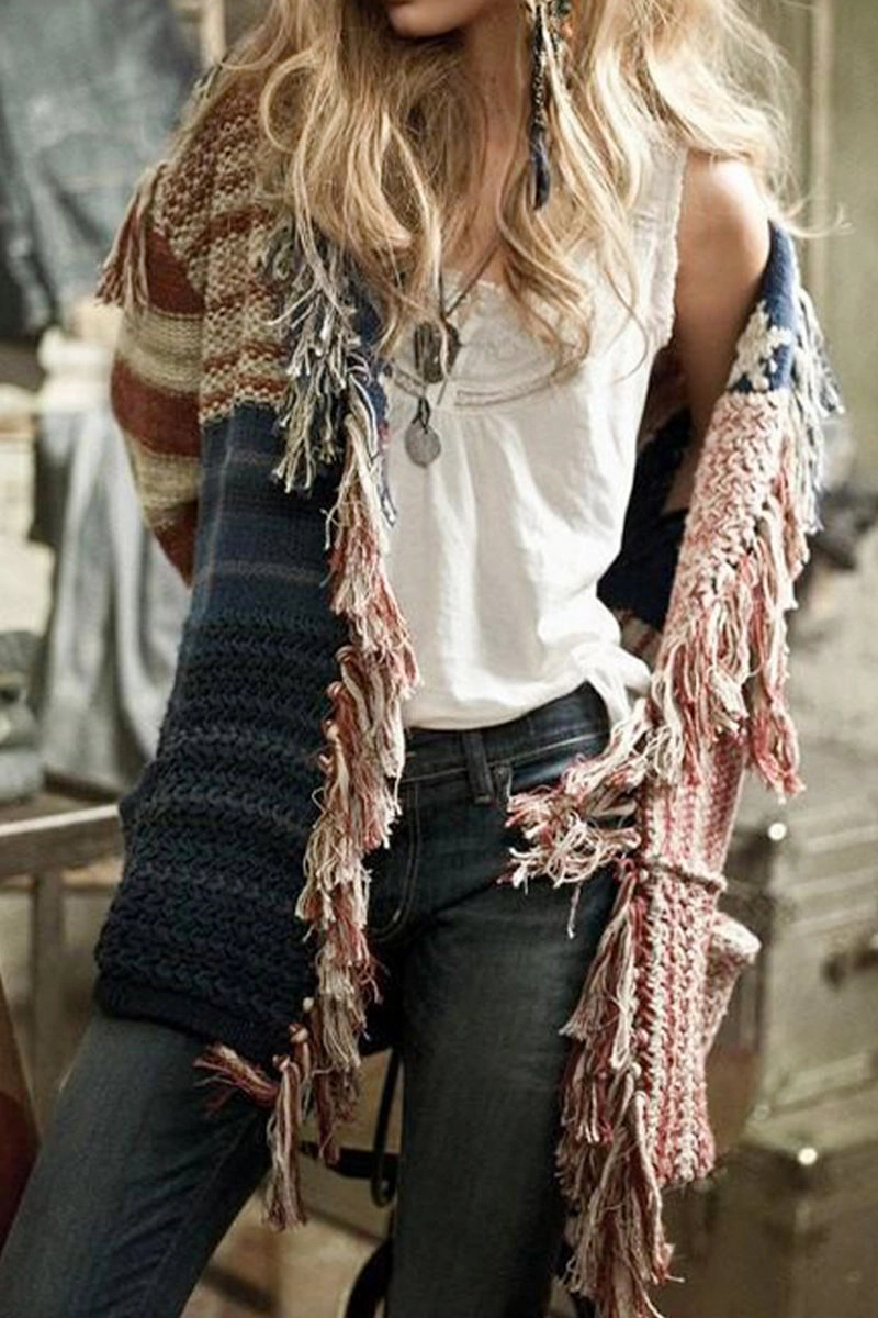 WOMEN CONTRASTING STAR STRIPE FRINGE KNIT CARDIGAN100% POLYESTERSIZE S(2)-M(2)-L(2)-XL(2)MADE IN CHINA ReflectiveAccents