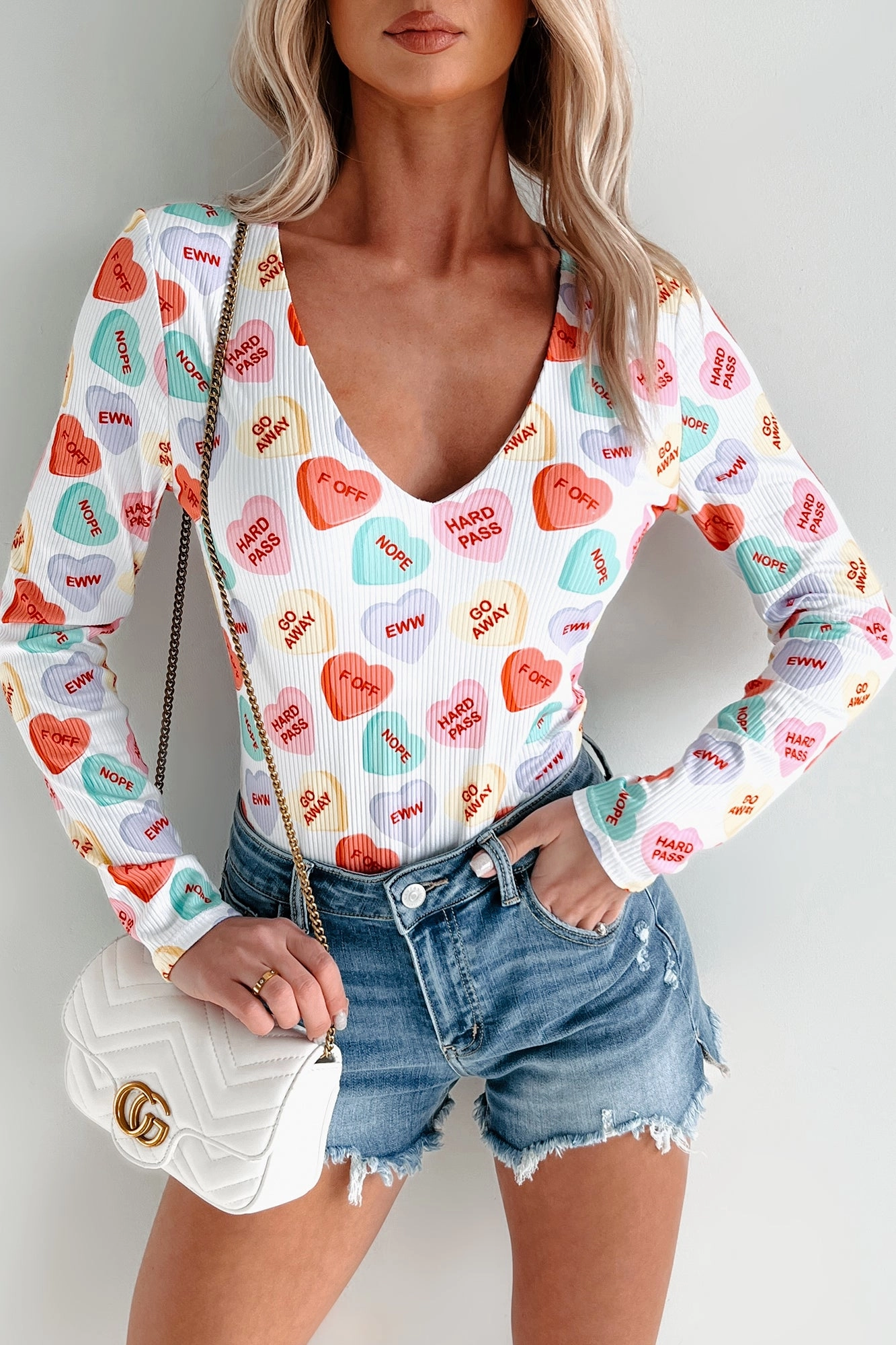 Conversation Hearts NM Original Printed V-Neck Bodysuit (White/Multi) NoRoll Hem Technology CroppedLength
