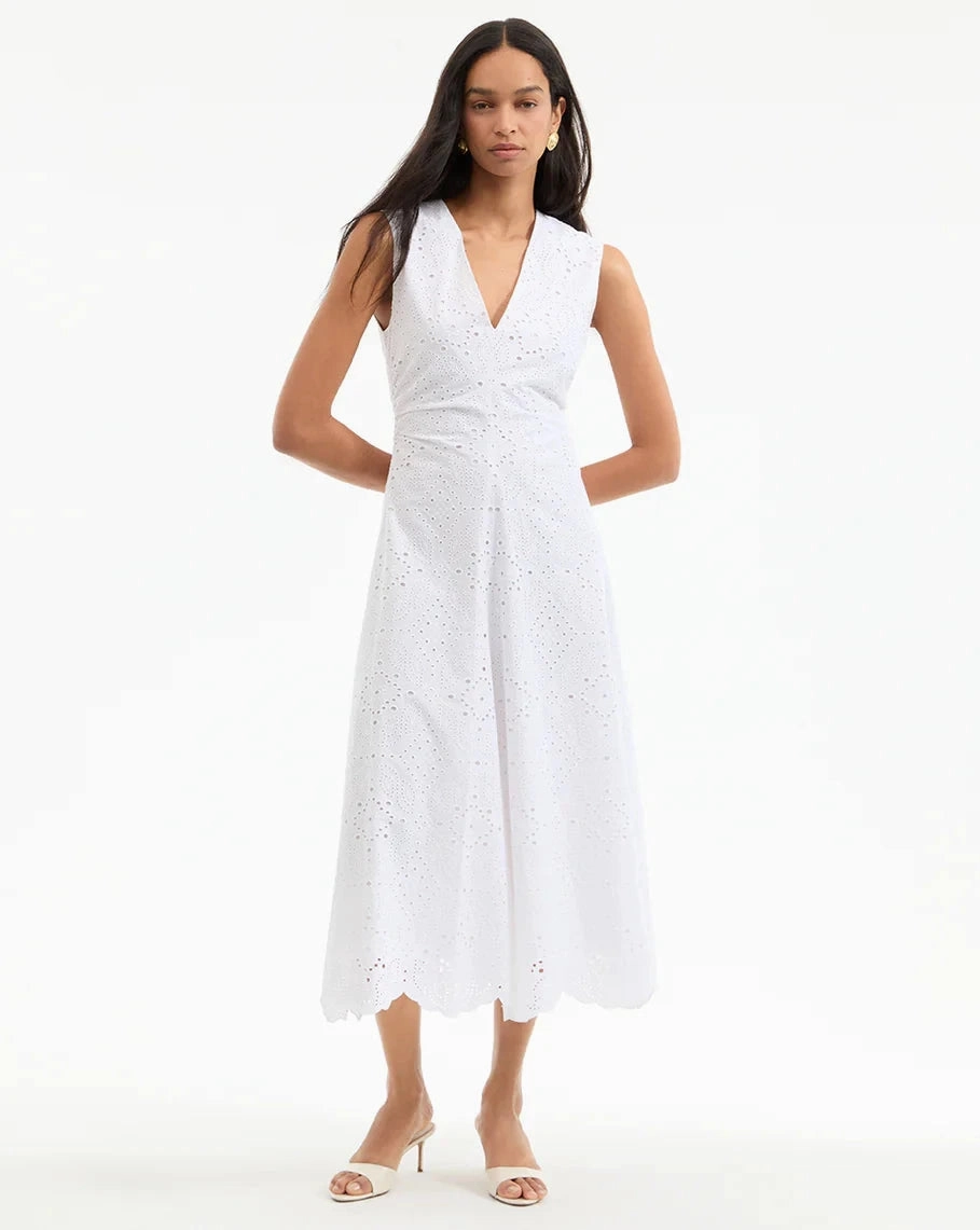 Aven Eyelet Midi Dress White Formal Setting Sharp Finish