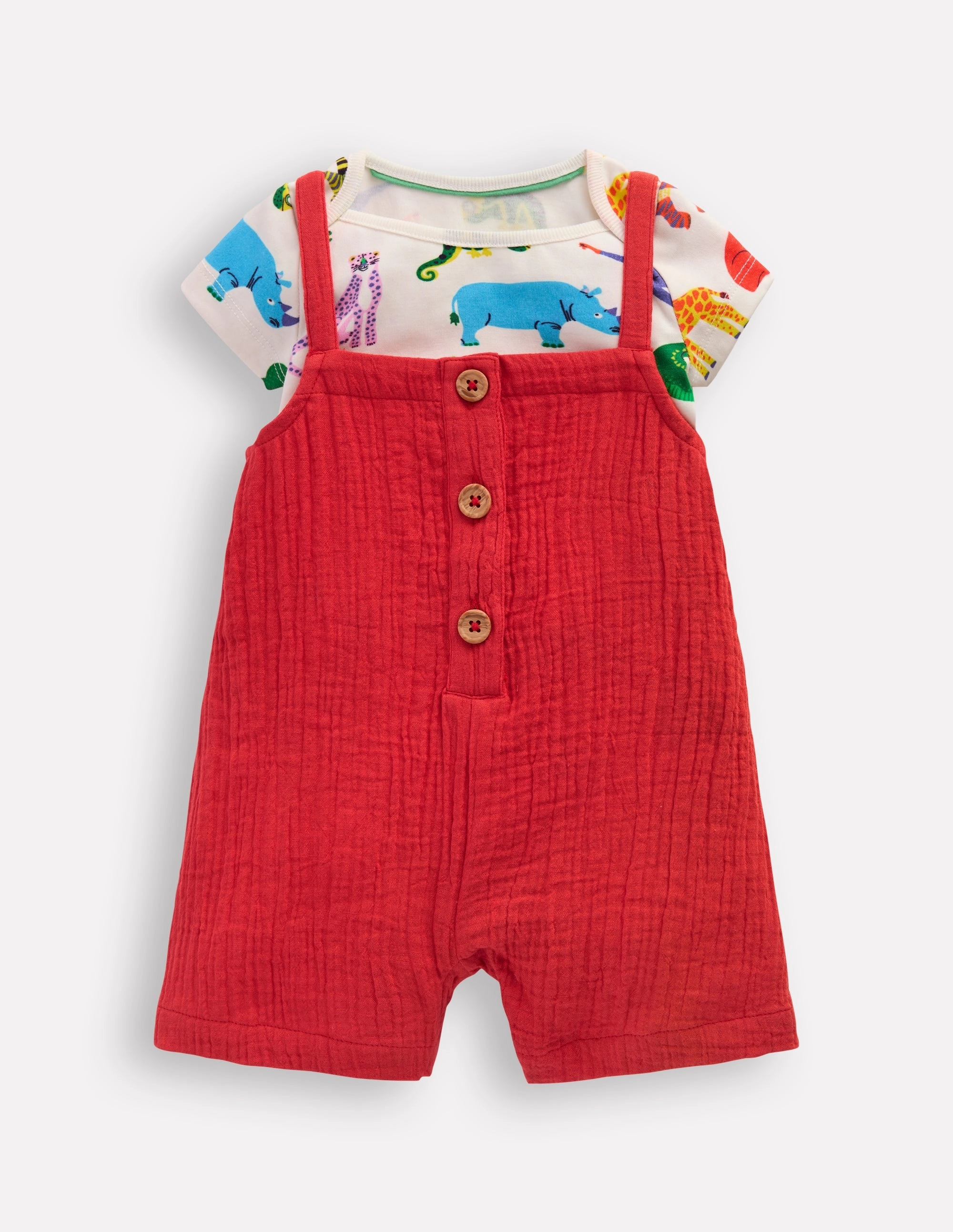 Double Cloth Dungaree Set-Poppy Red Jungle Dynamic Friends Everyday Loose