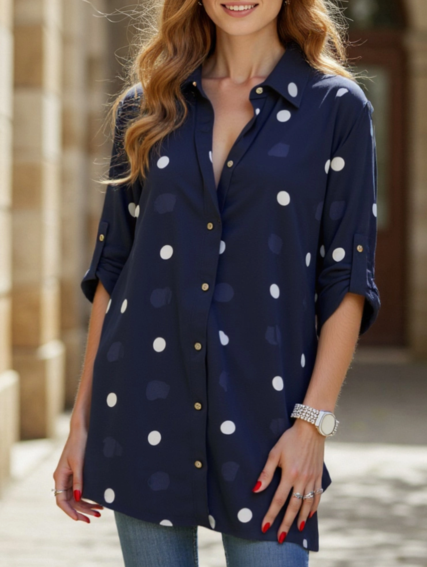 Double Layered Hem Reinforcement Simple lapel long-sleeved polka dot shirt