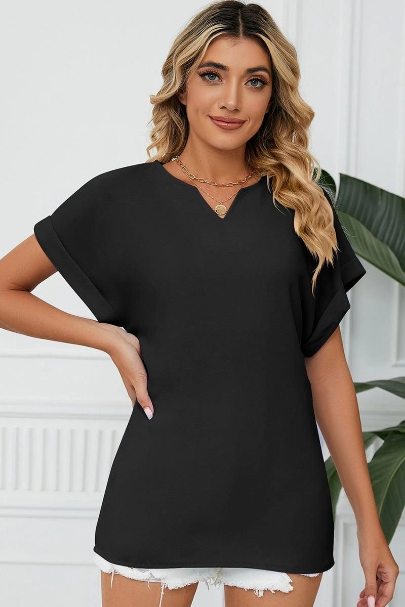 SIMPLE LOOSE FIT ROLL UP SHORT SLEEVE BLOUSE Flatlock Seam Technology