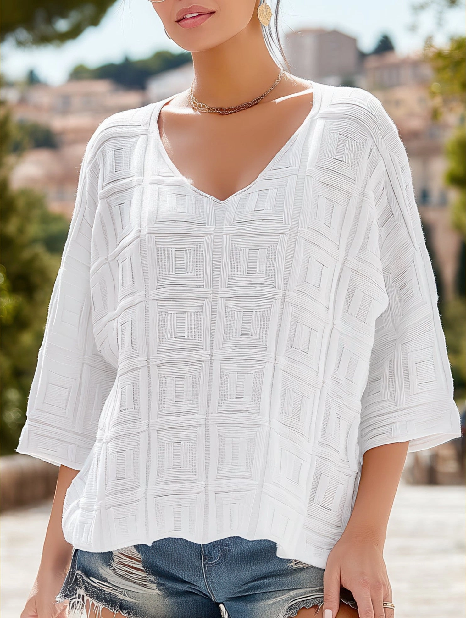 EcoCertified Material Metallic Fiber Blend Simple Loose Knit Solid Color Pullover V-Neck Top ??Comfortable Acrylic Sweater for All Seasons