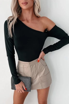 LowMaintenance Garment Washed Softness Simple Standards Asymmetric Bodysuit (Black)