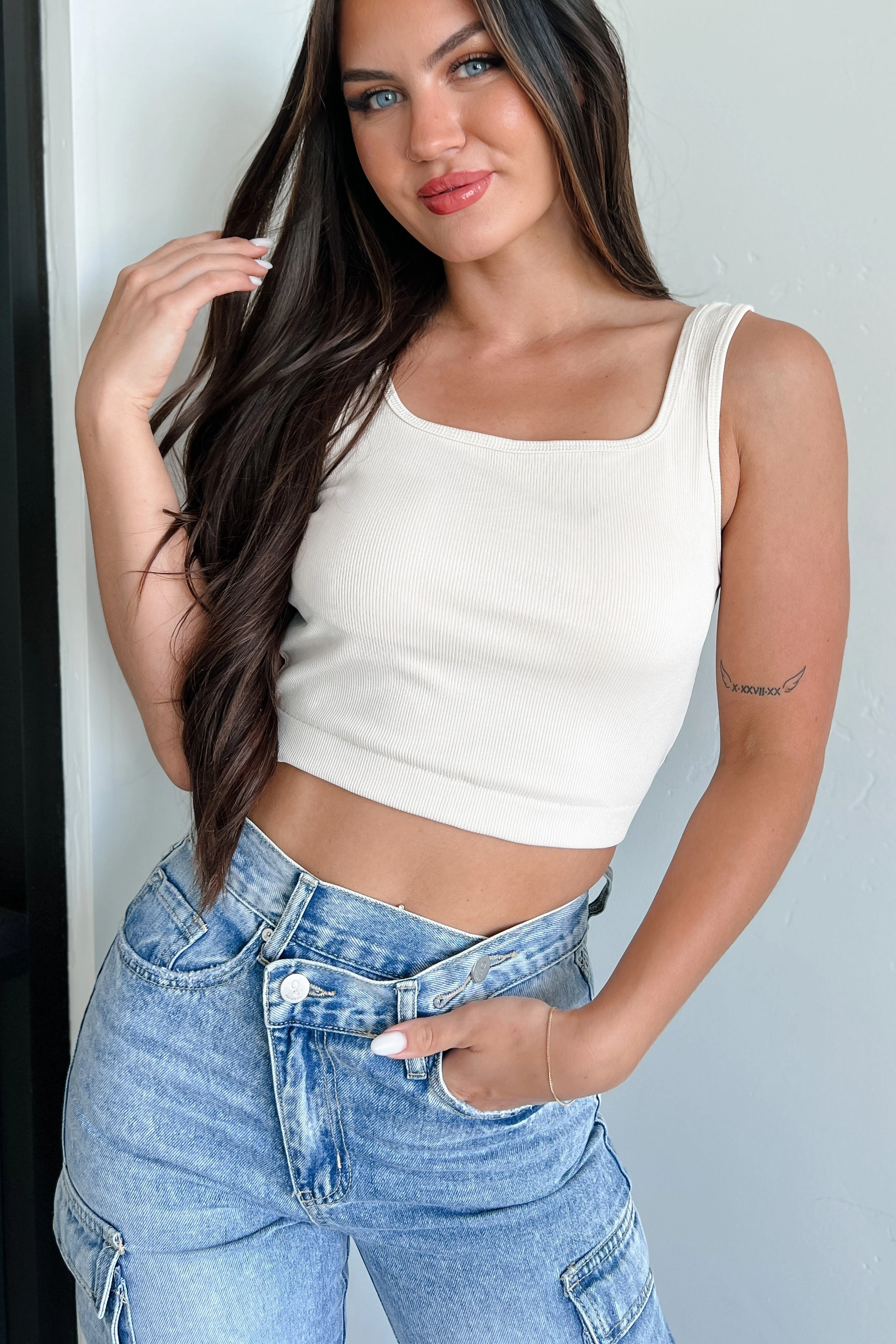 Non Chafe Armholes Odor Resistant Coating Simply Stated Ribbed Brami Crop Top (Cream)