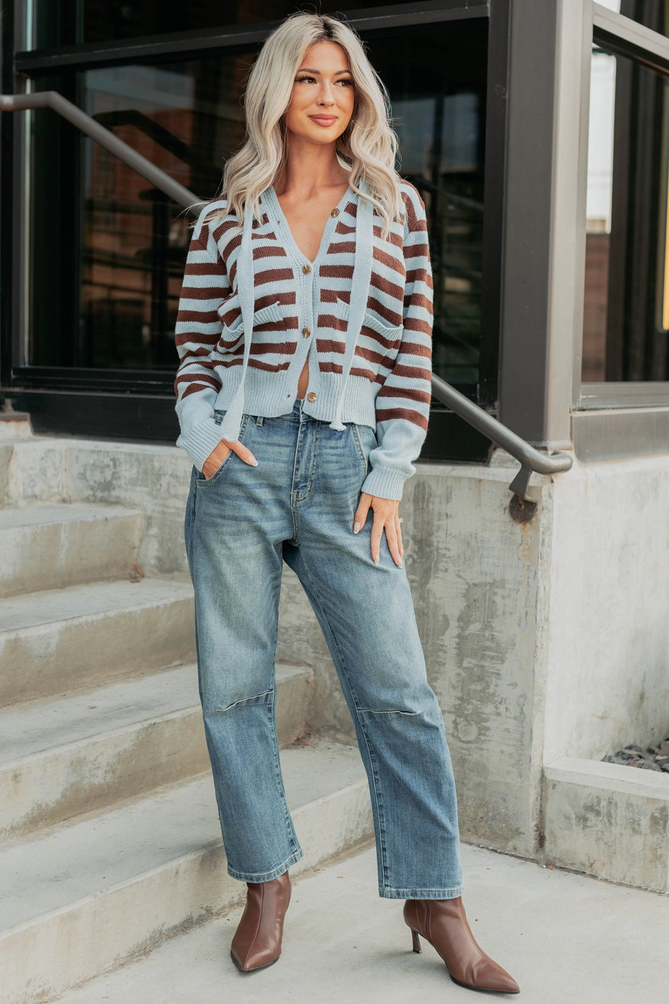 Sinking In Striped Knit Hooded Cardigan (Light Blue) Moisture Management