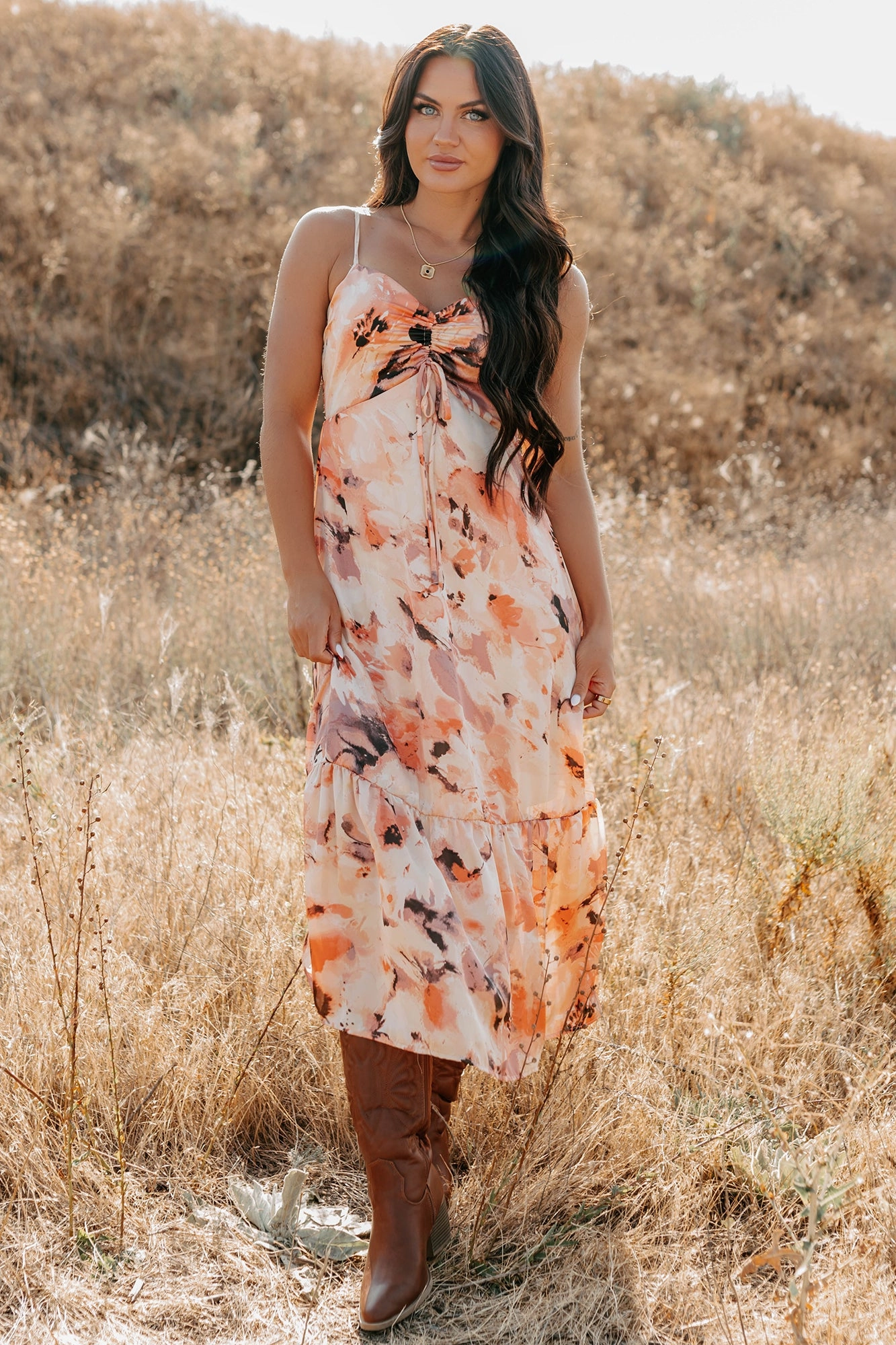 Slay Softly Sleeveless Floral Midi Dress (Peach/Multi) Sleek Vibe Leg-Lengthening