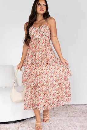 Feels Like Love Tiered Floral Midi Dress (Cream Multi) Lounge Texture Flexible Mood