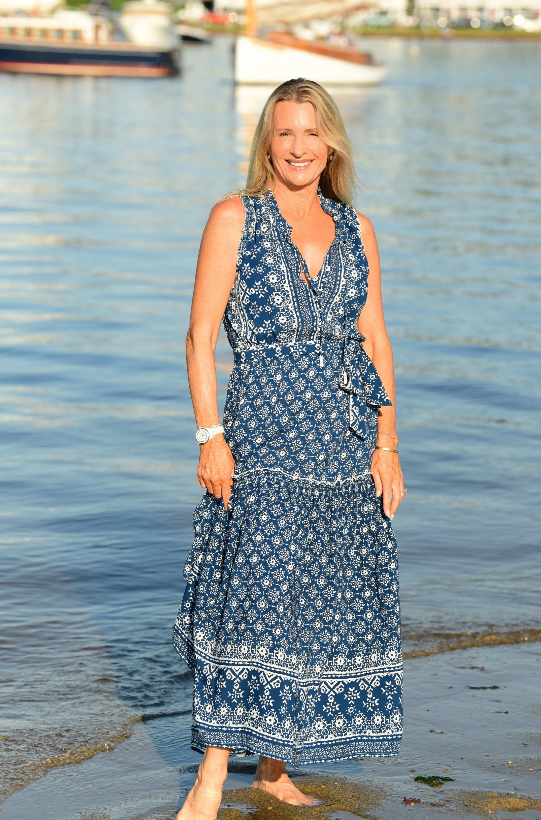 Alexis Dress / Indigo Geo Scandi Light Soft Lines