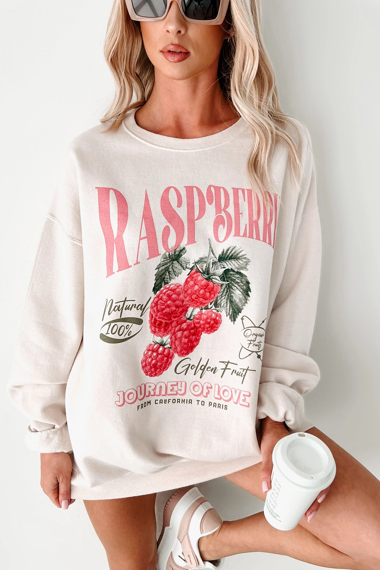 "Journey Of Love" Raspberry Graphic Sweatshirt (Beige) Recycled Polyester