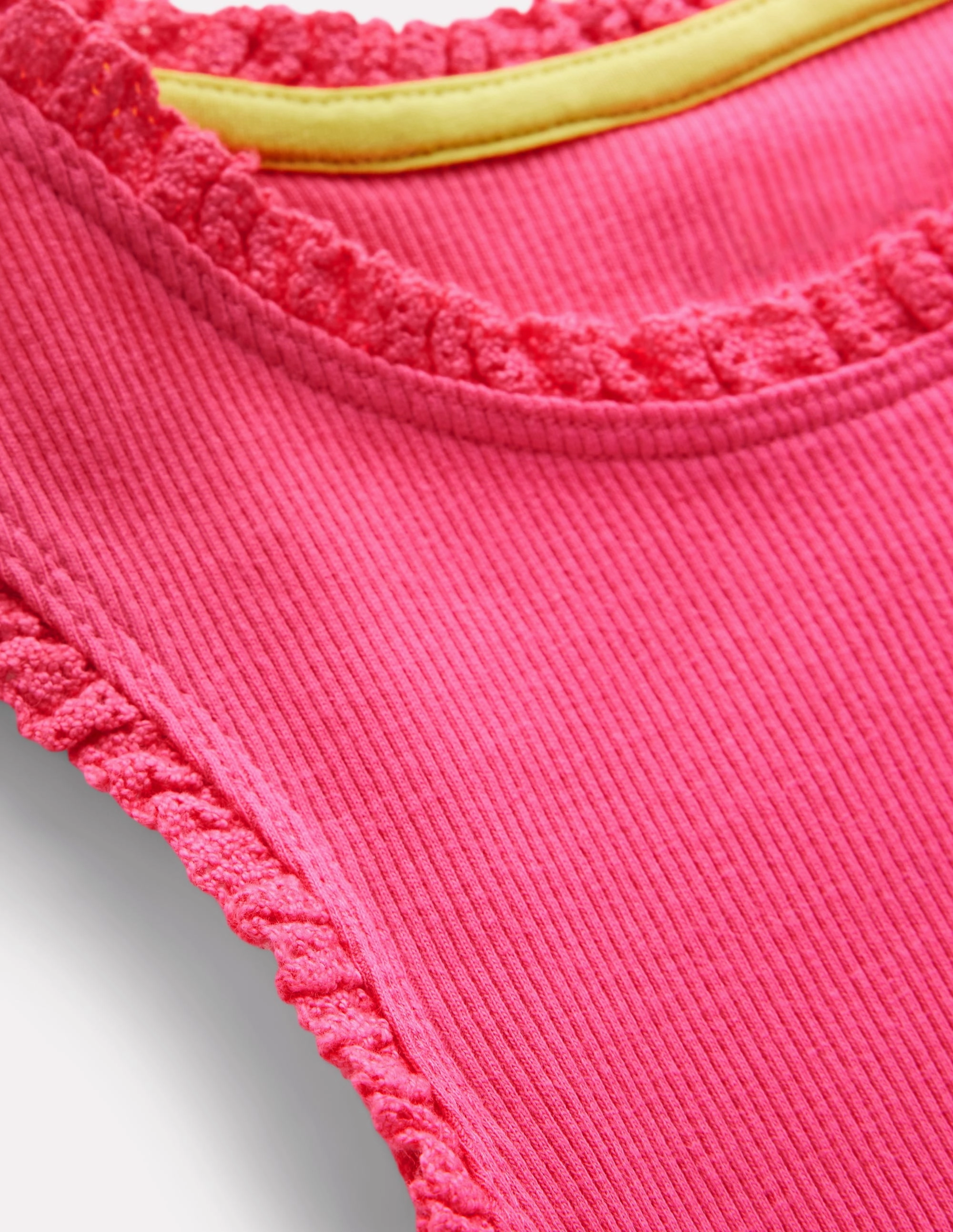 Hidden Pocket Vintage Shirt Ribbed Lace Trim Vest-Flamingo Pink