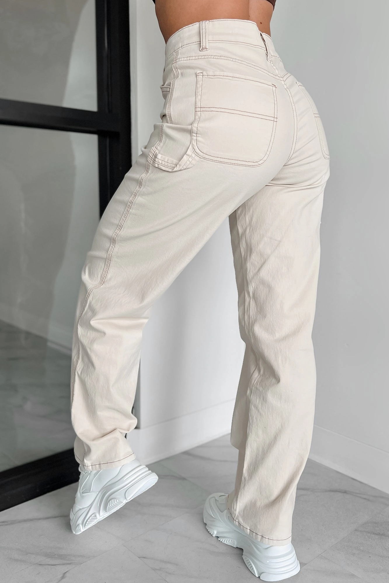 Flat Lock Seams Lark High Rise Straight Leg Carpenter Jeans (Ecru)