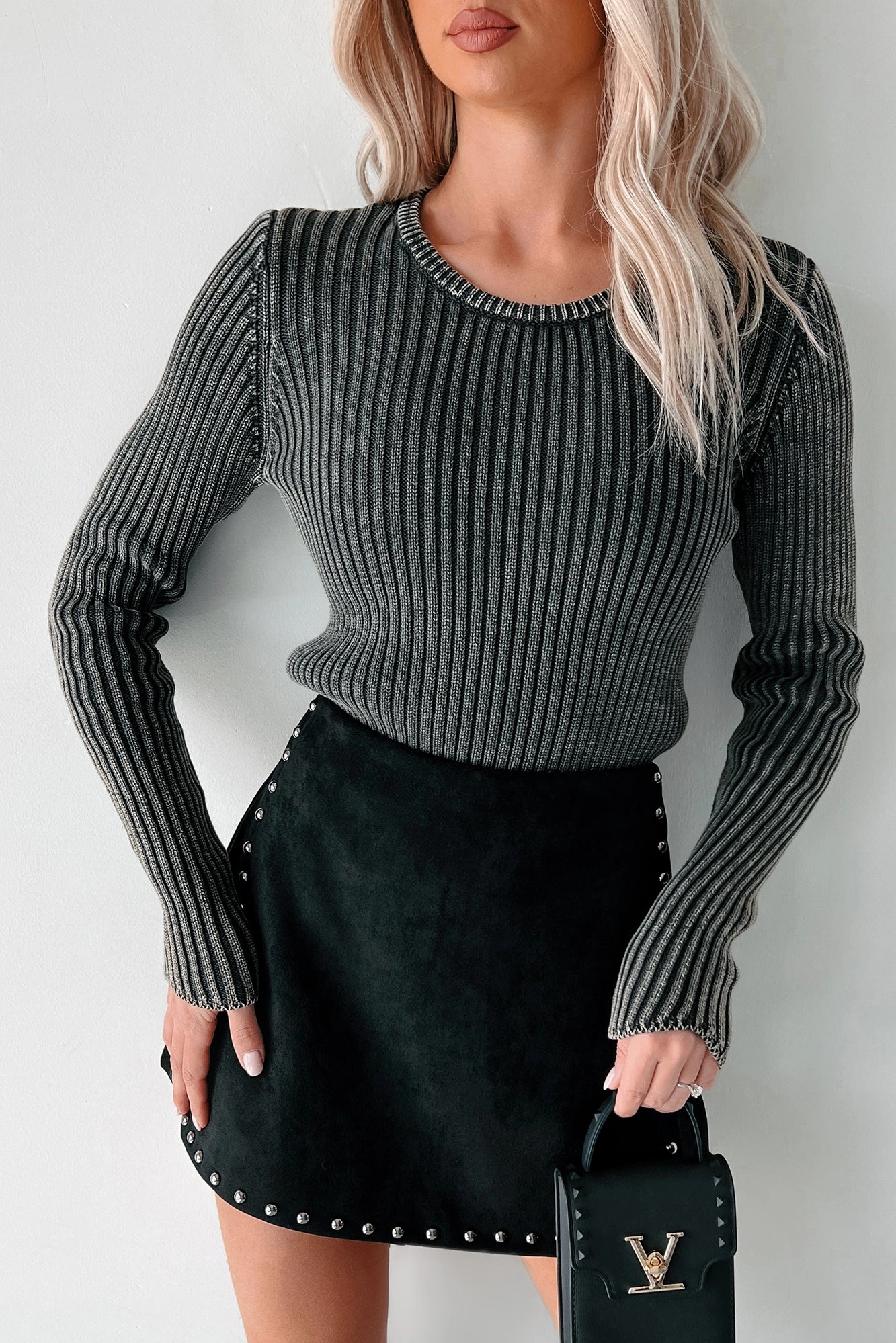 RawEdgedDesign Blurring The Lines Mineral Wash Rib Knit Sweater Top (Black)