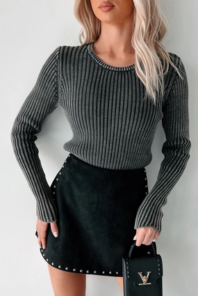 Blurring The Lines Mineral Wash Rib Knit Sweater Top (Black) OversizedFit