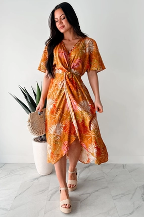 Slow Down & Smell The Roses Tropical Print Midi Dress (Mustard/Multi) Oversized-Fit